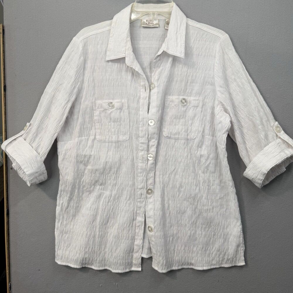 Baxter & Wells White Gauze Button Front Shirt Roll Tab Plus Size 1X Seersucker